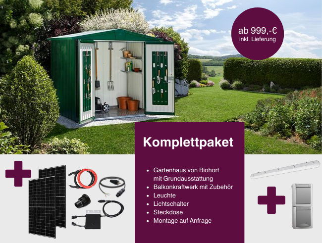 Komplettpaket Biohort EUROPA Qualitäts-Geräteschuppen mit Balkonkraftwerk